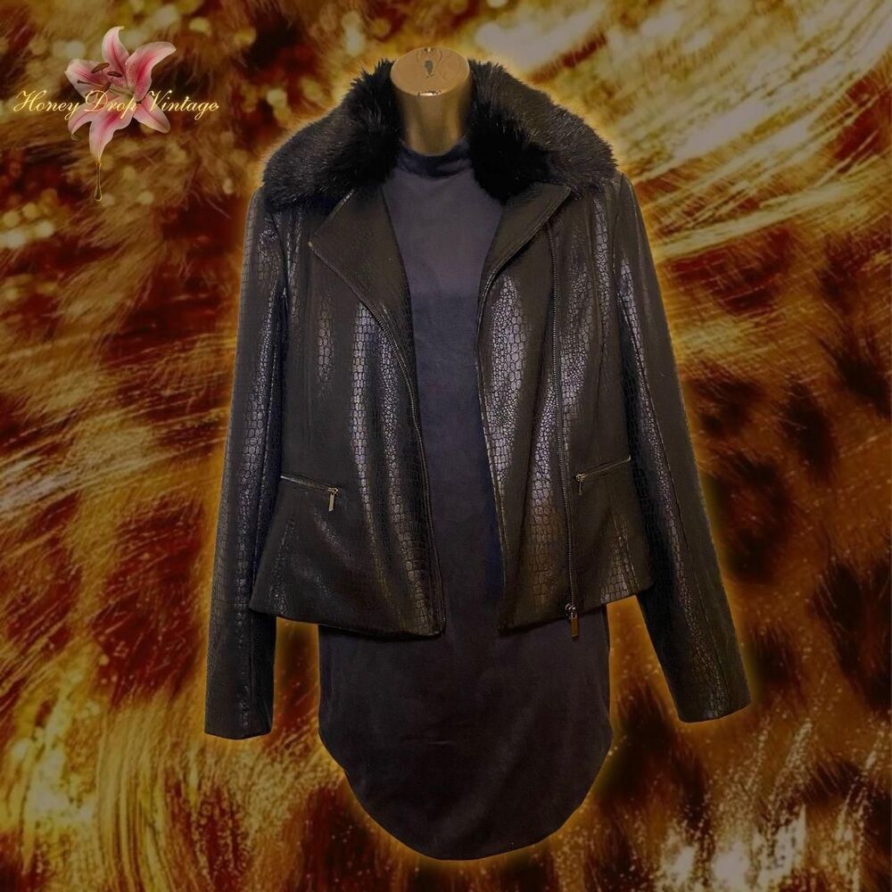 Cache Black Faux Croc Moto Leather Jacket with Removable Fur Collar